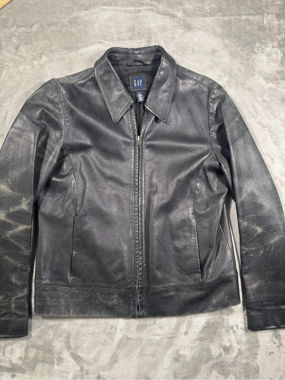 Gap Leather Jacket Black 90s Short Zip Collar Short Vintage Medium M Faded